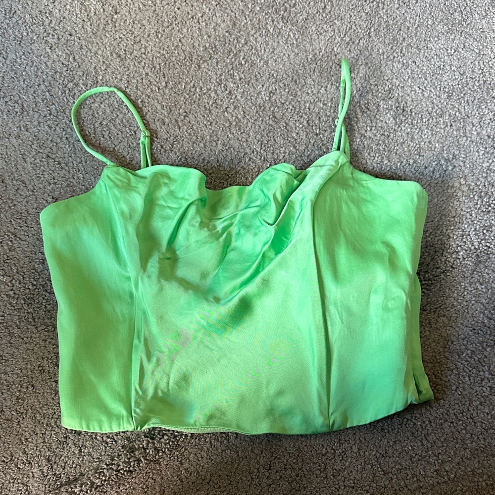 Zara Vibrant Green Silk Slight-Cowl neck Top